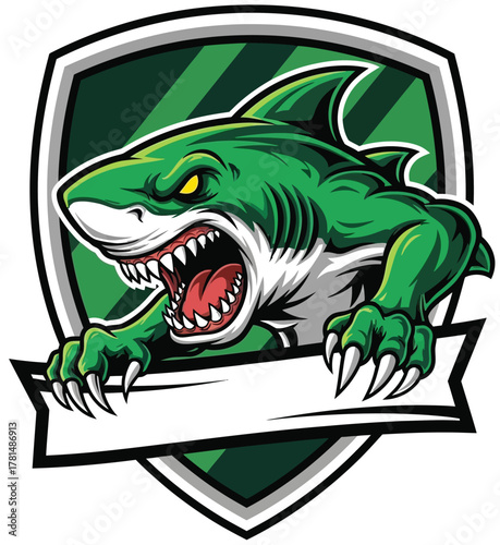 Green Aggressive Shark Mascot Design with Shield Background
