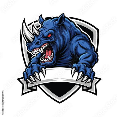 Blue Rhino Mascot Emblem with Aggressive Expression and Banner Design