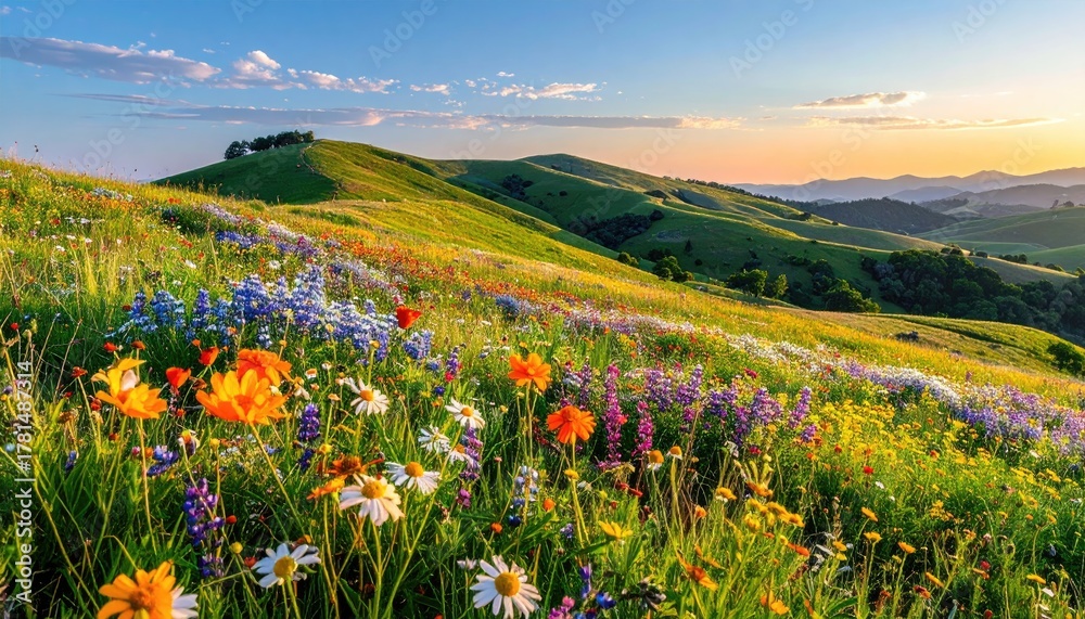 Fototapeta premium Vibrant Wildflower Meadow Under Golden Hour Sunlight With Rolling Hills and Distant Hazy Mountains