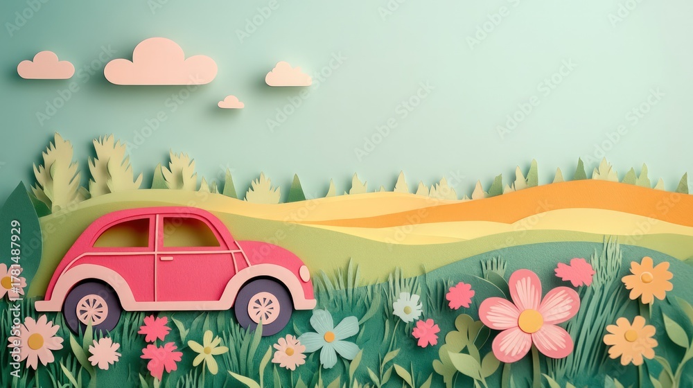 Fototapeta premium Papercraft car drives through a whimsical, blooming countryside