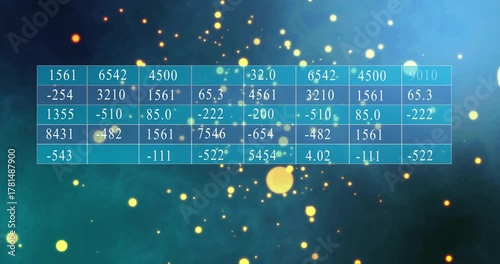 Numeric grid appearing over teal nebula orbs drifting through grid partly hiding cells showing data