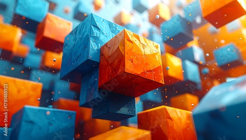 A vibrant abstract composition of textured orange and blue cubes suspended in a blurry, contrasting backdrop