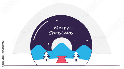 Whimsical illustration of a snow globe with a winter scene and merry christmas text