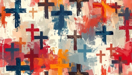 A vibrant abstract composition features numerous crosses painted with expressive brushstrokes, layering colors and textures
