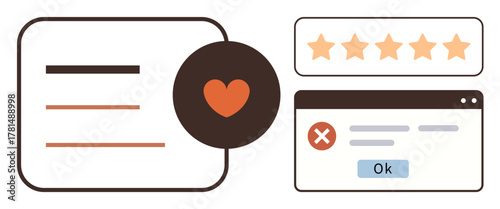 Heart icon, five-star rating, review lines, error message, and Ok button. Ideal for customer feedback, ratings, reviews online forms user experience error handling product evaluations. Simple