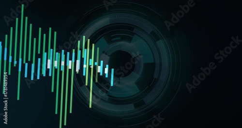 Faint teal ring lighting, left bars growing and sweeping center, rotating HUD visualizing audio