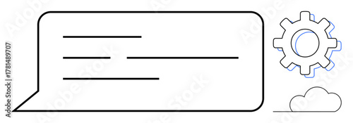 Chat bubble with lines for text, a gear for process or settings, and a cloud for online storage. Ideal for communication, technology, teamwork, cloud computing, messages innovation process. Simple