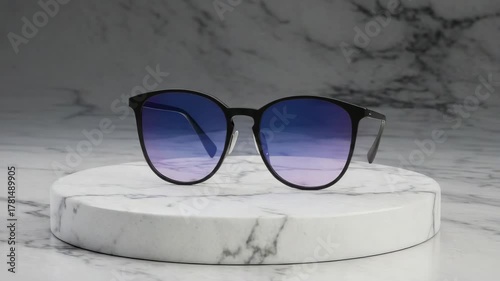 Sunglasses on display on a white marble pedestal