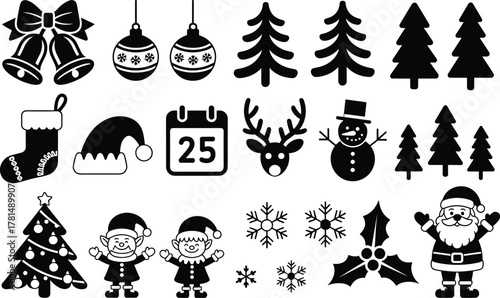 Christmas icons, holiday symbols, festive silhouette, Santa Claus, snowman, reindeer, elves, jingle bells