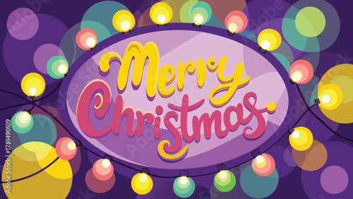 Festive merry christmas greeting with colorful string lights and bokeh effect on a purple background