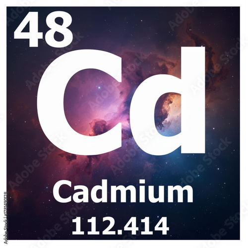 vector illustration of periodic element 48 Cd Cadmium with an abstract space nebula background 