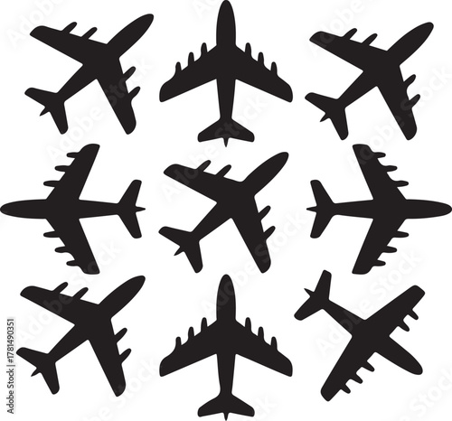 Grid of black airplane silhouettes in various orientations