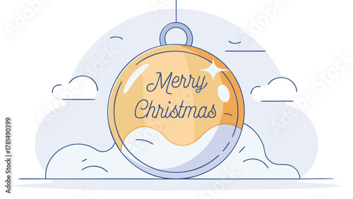 Festive merry christmas greeting inscribed on a hanging golden bauble with stylized clouds and snow drifts