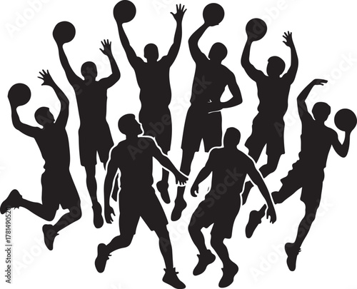 Group of basketball players in action silhouettes on white background