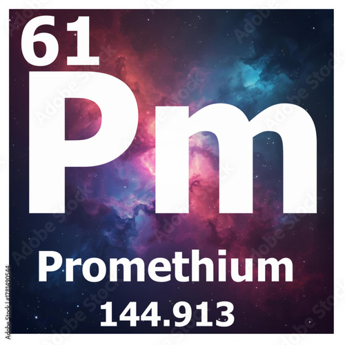 vector illustration of periodic element 61 Pm Promethium with an abstract space nebula background 