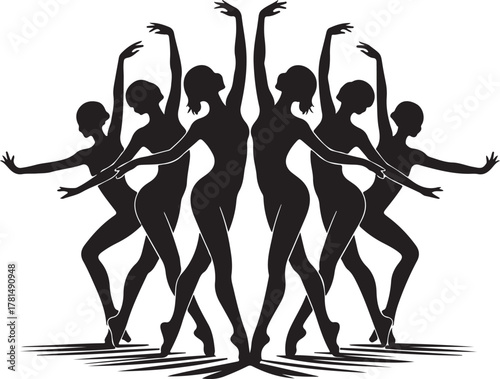 Silhouette of five ballerinas in graceful poses on white background