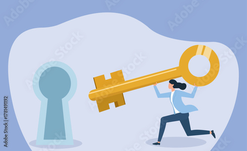 Woman Running with Giant Key to Unlock Opportunity, Unlocking Success, Seizing Opportunities, Breakthrough Moment, Access Granted, Key to Achievement