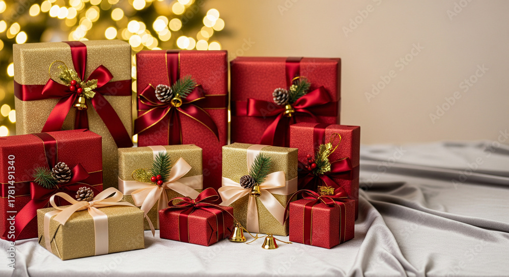 Obraz premium Elegant Red and Gold Christmas Presents with Festive Decorations and Bokeh Lights