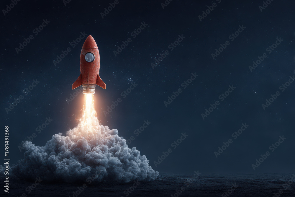 Naklejka premium Rocket launching into space outer space digital art night sky low angle adventure and exploration