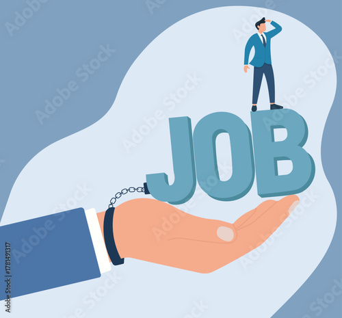 Businessman Trapped on Chained Job Platform: Flat Vector Illustration of Career Bondage, Career Imprisonment, Job Slavery, Employment Entrapment, Corporate Bondage, Work Chains