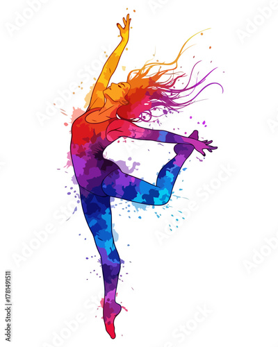 A graceful silhouette of a female dancer in a vibrant rainbow watercolor splash, an artistic concept of expressive movement and passion
