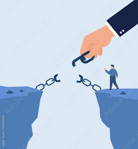 Giant Hand Breaking Chain Over Chasm in Flat Vector Illustration, Freedom, Liberation, Breaking Bonds, Overcoming Obstacles, Independence