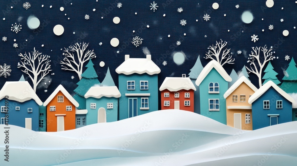 Fototapeta premium Cozy paper-cut village scene with falling snow
