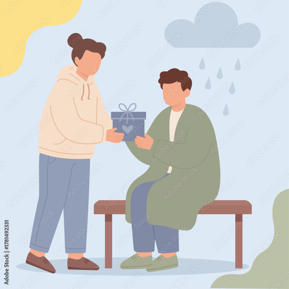 Obraz premium Woman Offering Gift to Sad Man Under Rain Cloud on Bench, Comforting Gesture, Emotional Support, Gift of Kindness, Rainy Mood Metaphor, Friendship Bond