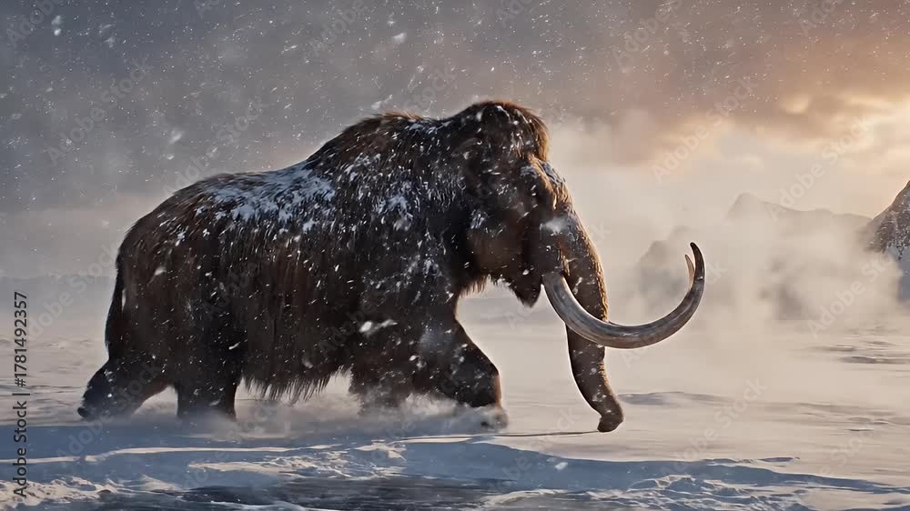 Woolly Mammoth Walks in Snowy Winter Landscape, Prehistoric Ice Age ...