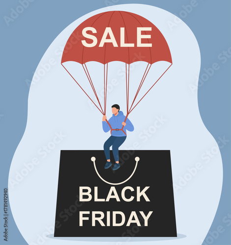 Parachuting Shopper Descending on Black Friday Sale Bag in Flat Vector Style, Sale Parachute, Black Friday Drop, Shopping Adventure, Discount Descent, Promotional Skydiving