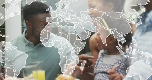 Dad showing map on phone, child reaching during patio meal, tech map overlay growing over family