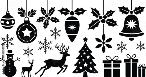 Christmas winter holiday silhouettes, ornaments, bells, snowman, reindeer, trees, snowflakes, holly leaves, gifts, festive black vector icons, seasonal decorative design set