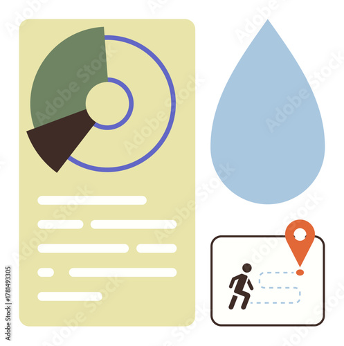 Pie chart data, water drop icon, and running location tracker emphasize health metrics, hydration tracking, activity monitoring, progress analysis, fitness routine planning, outdoor activity