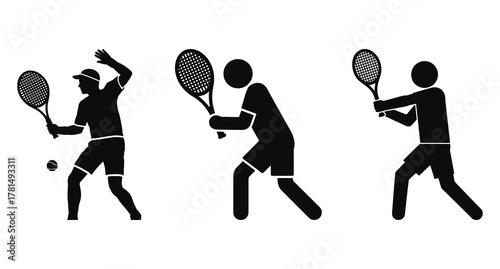 A black and white pictogram of a man holding a tennis racket