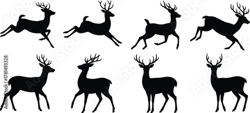 Deer silhouette set, leaping and standing poses, festive wildlife vector, black and white, cad drawing flat vector illustration