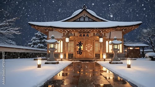 Wallpaper Mural Traditional Japanese Temple in Winter Snow at Night with Illuminated Pathway and Stone Lanterns Torontodigital.ca