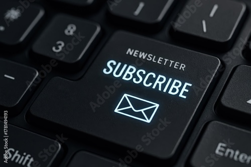 Computer keyboard macro with newsletter subscribe key and glowing notification indicator