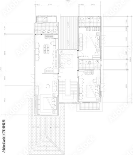 Bedroom Suite Interior Drawing with Master Bedroom, Walk-in Closet, Bathroom, and Two Secondary Bedrooms Including Central Hallway