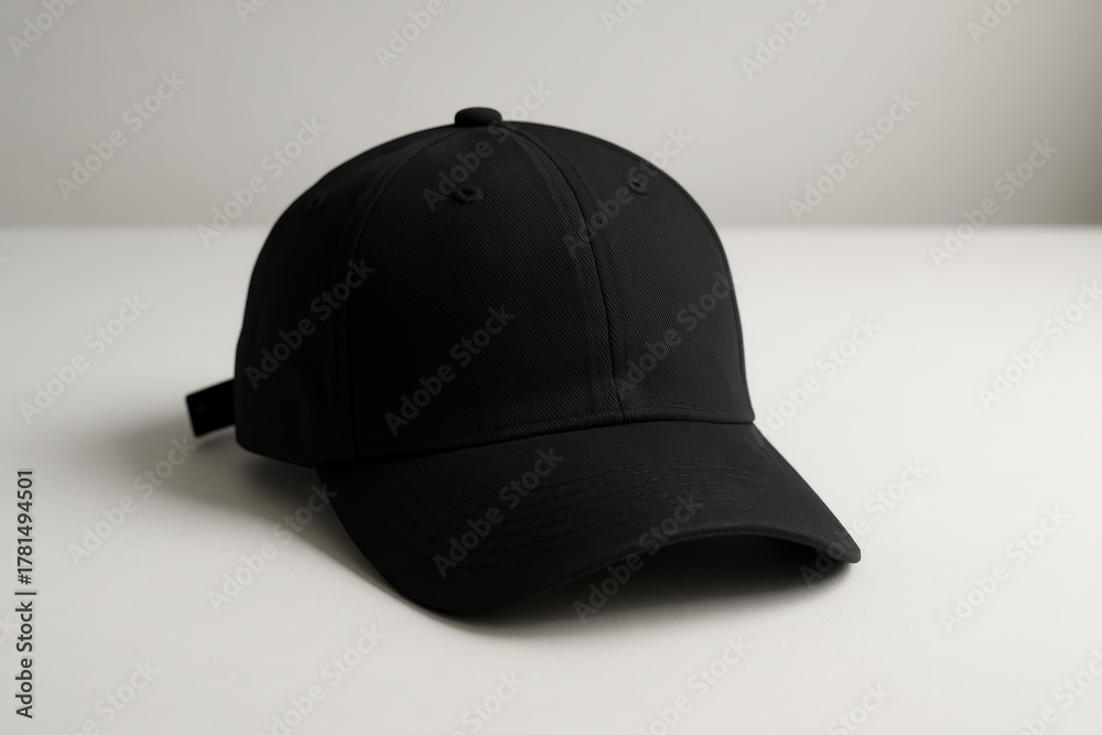 Fototapeta premium Minimal black baseball cap on white tabletop clean adjustable strap apparel mockup scene