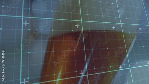 Faint hand nudging glass, rotating while diagonal highlight sliding to show cyan HUD grid