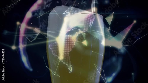 Pouring liquid filling pilsner glass, foam forming, globe emerging, orbiting nodes showing network