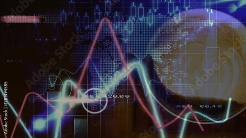 On data start, neon charts oscillating, visualizing market trends, cup fading in showing latte art
