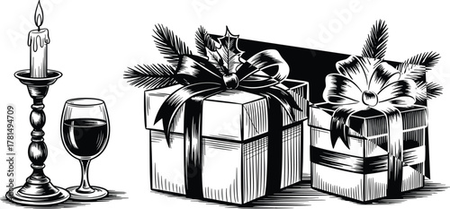 WebHoliday celebration scene, candle and wine glass with gift boxes, festive vector, black and white, cad drawing flat vector illustration