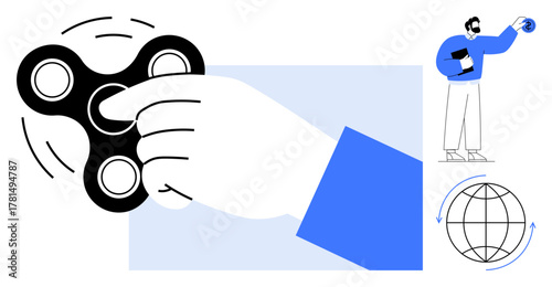 Hand spinning a fidget spinner, man presenting globe, and simple global graphic. Ideal for relaxation, productivity, focus, innovation, stress relief teamwork and multitasking concepts. Simple flat
