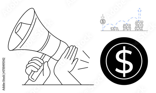 Hands holding megaphone amplifying message, dollar icon, ascending coin stacks show financial growth. Ideal for marketing, finance, communication, investment, business strategy, advertising simple