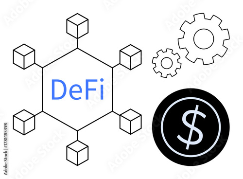 Decentralized finance network with blockchain node structure, gears symbolizing processes, and digital dollar icon. Ideal for blockchain, cryptocurrency, fintech, innovation, technology, digital
