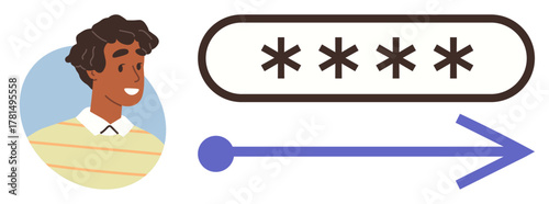Smiling user profile beside password entry field with a forward arrow. Ideal for technology, security, login systems, user access, privacy, online platforms, simple flat metaphor