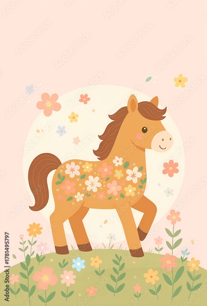Fototapeta premium 花柄模様のかわいい馬のイラスト
