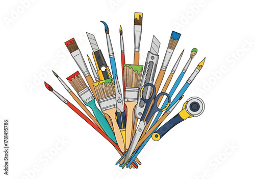 A bundle of art supplies including brushes knives scissors and a rotary cutter all arranged together