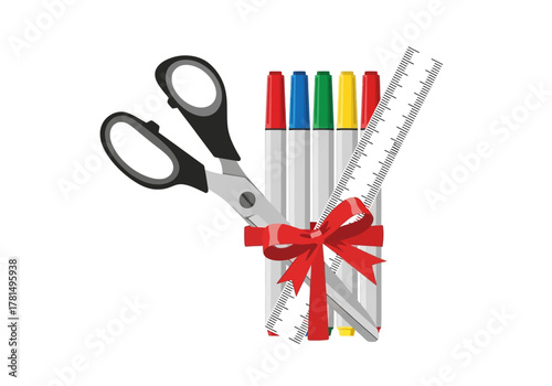 An arrangement of school suppliesscissors markers and a rulertied together with a red ribbon